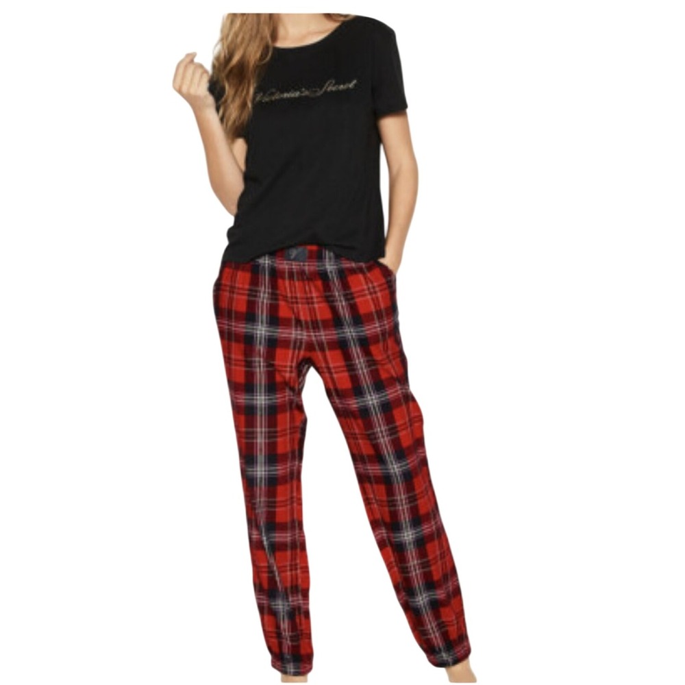 VS M Plaid Pajama Pants Red Black White Checkered Jogger Lounge Bottoms